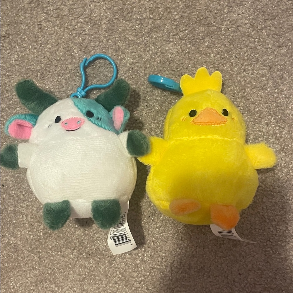 Plush Small Pet Toy Clip - Yellow Chick and Mint Cow Set